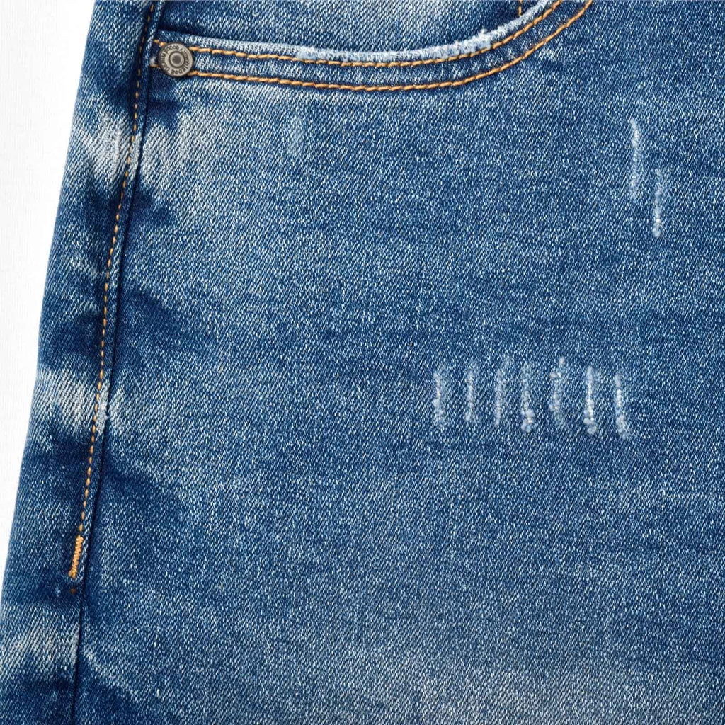 Custom Men's Elastic Indigo Blue Jeans Shorts With Distressed