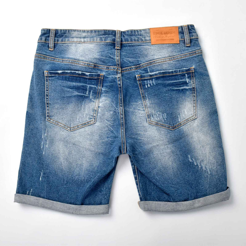 Custom Men's Elastic Indigo Blue Jeans Shorts With Distressed