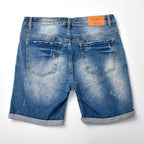 Custom Men's Elastic Indigo Blue Jeans Shorts With Distressed