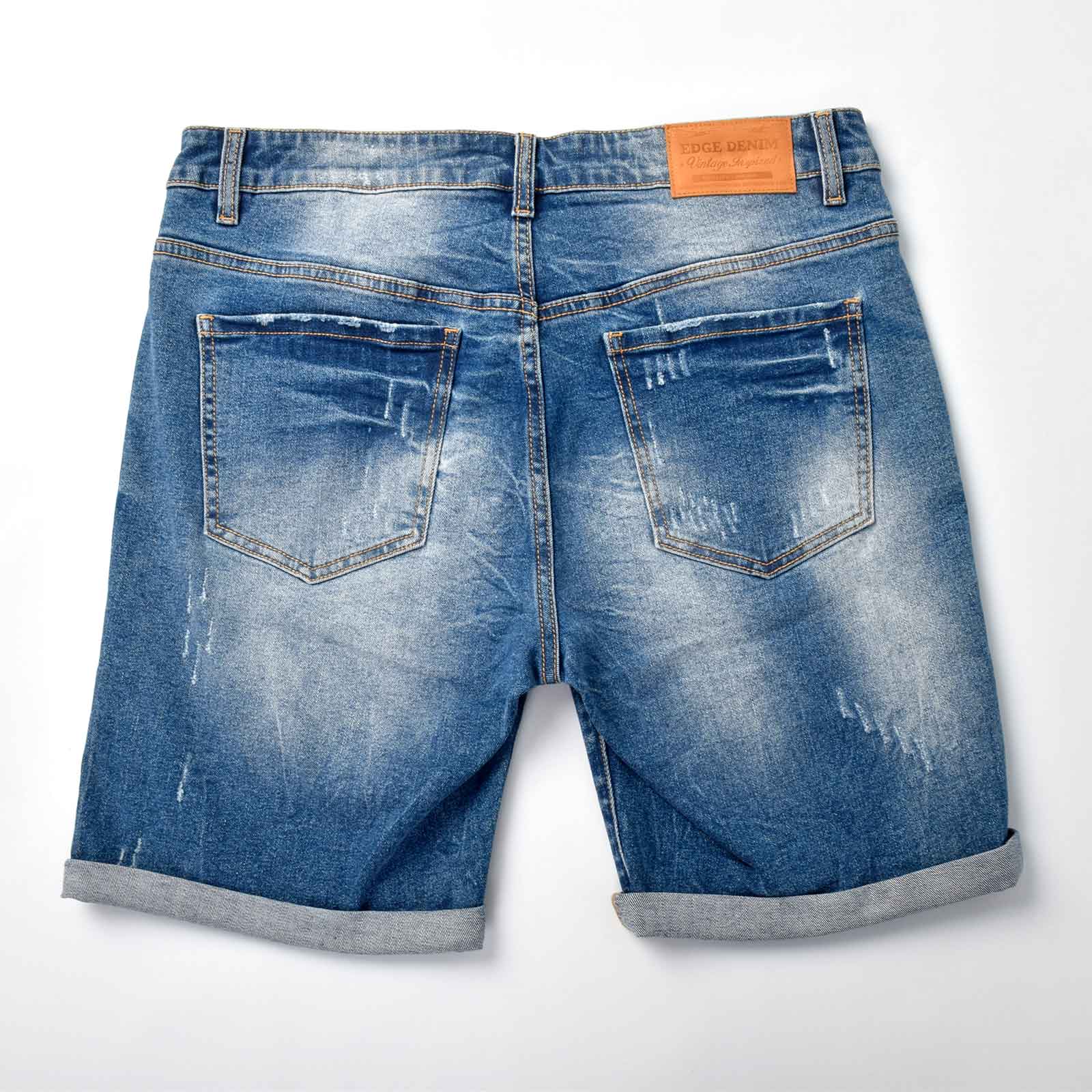 Custom Men's Elastic Indigo Blue Jeans Shorts With Distressed