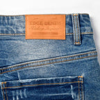 Custom Men's Elastic Indigo Blue Jeans Shorts With Distressed