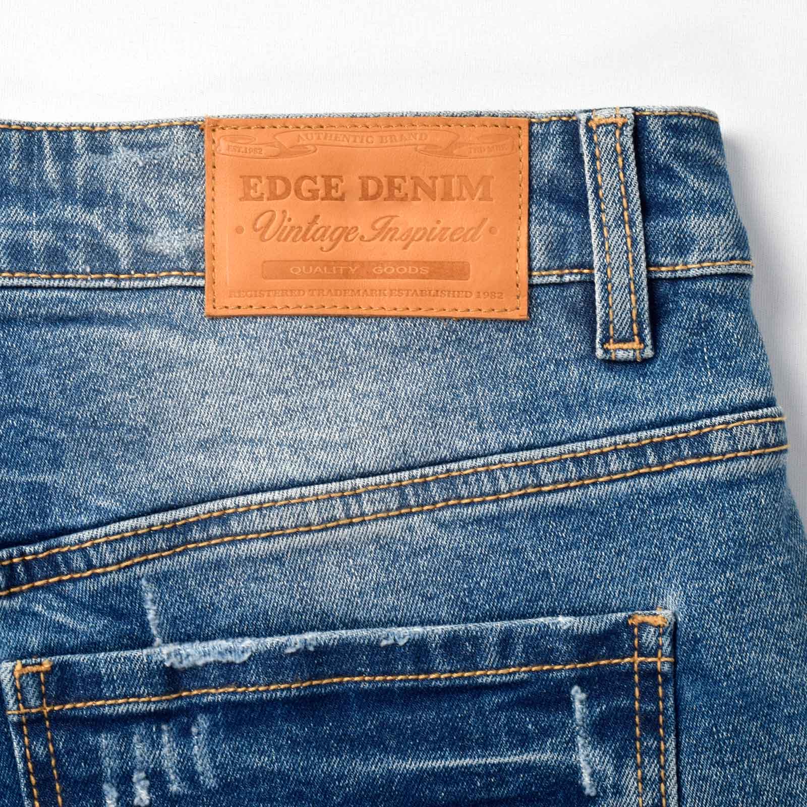 Custom Men's Elastic Indigo Blue Jeans Shorts With Distressed