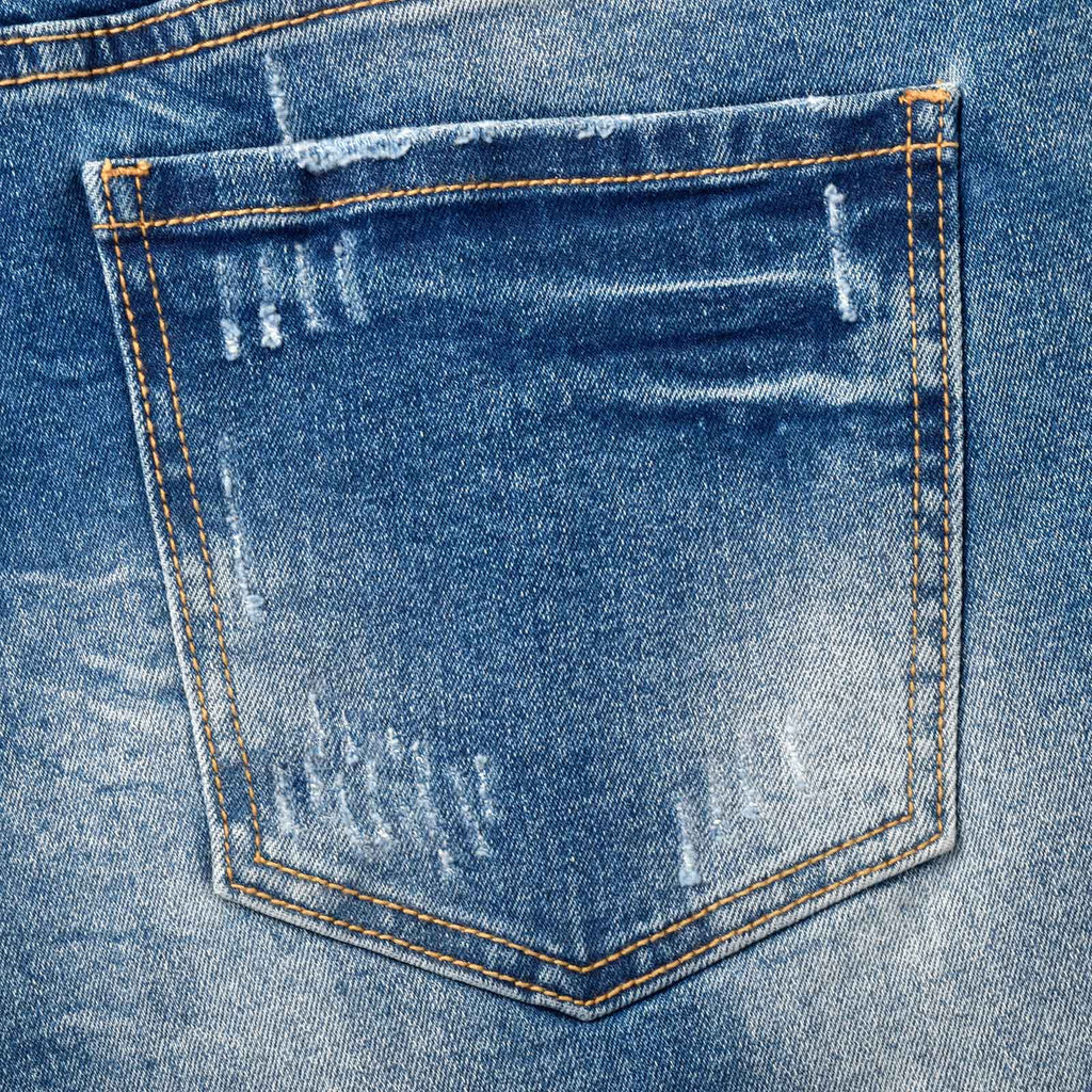 Custom Men's Elastic Indigo Blue Jeans Shorts With Distressed