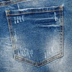 Custom Men's Elastic Indigo Blue Jeans Shorts With Distressed