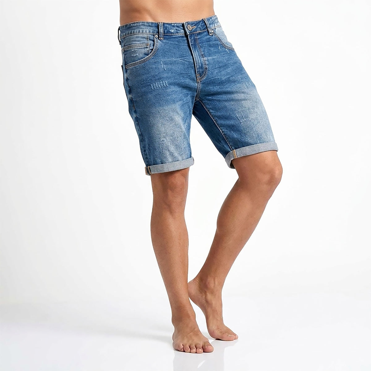 Custom Men's Elastic Indigo Blue Jeans Shorts With Distressed