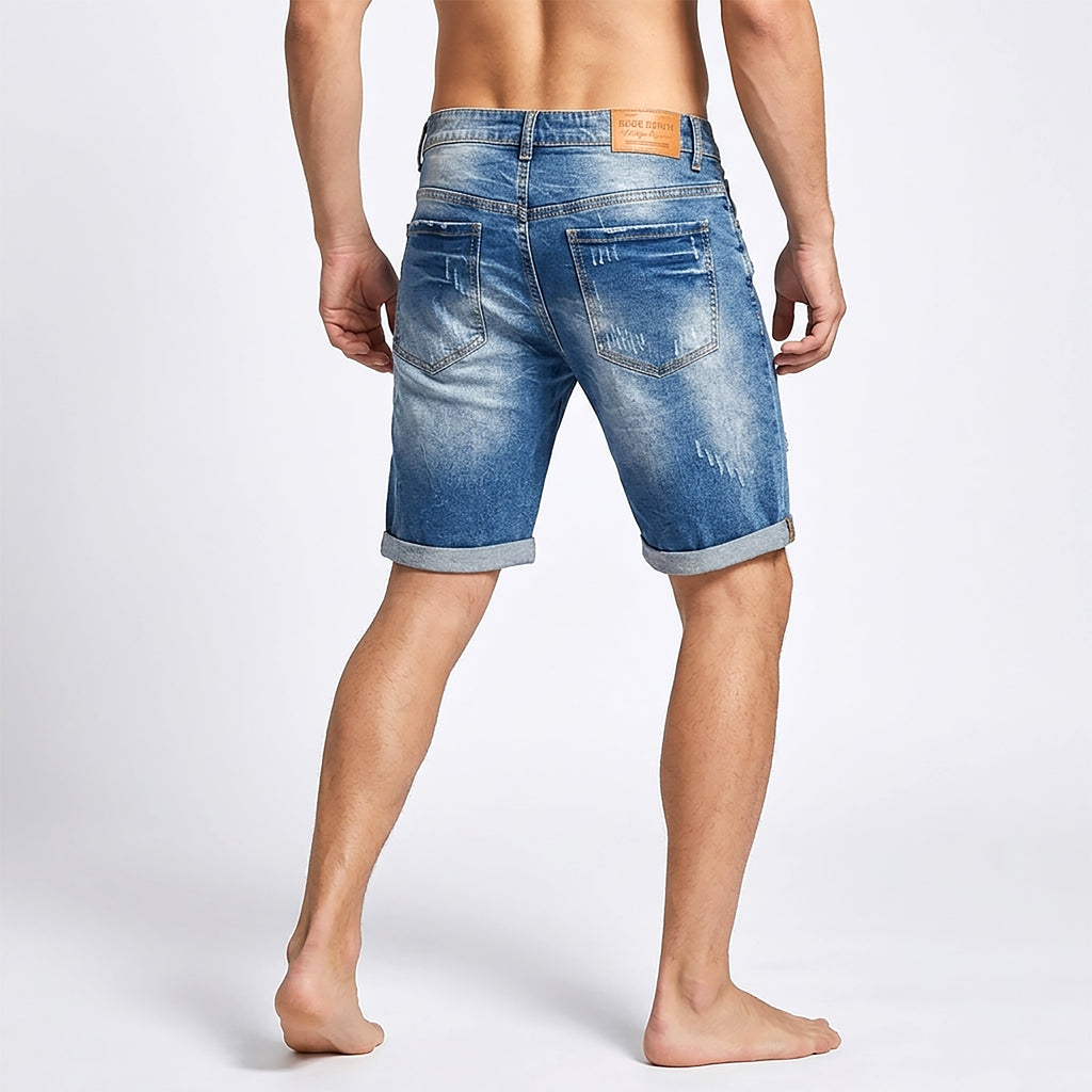 Custom Men's Elastic Indigo Blue Jeans Shorts With Distressed