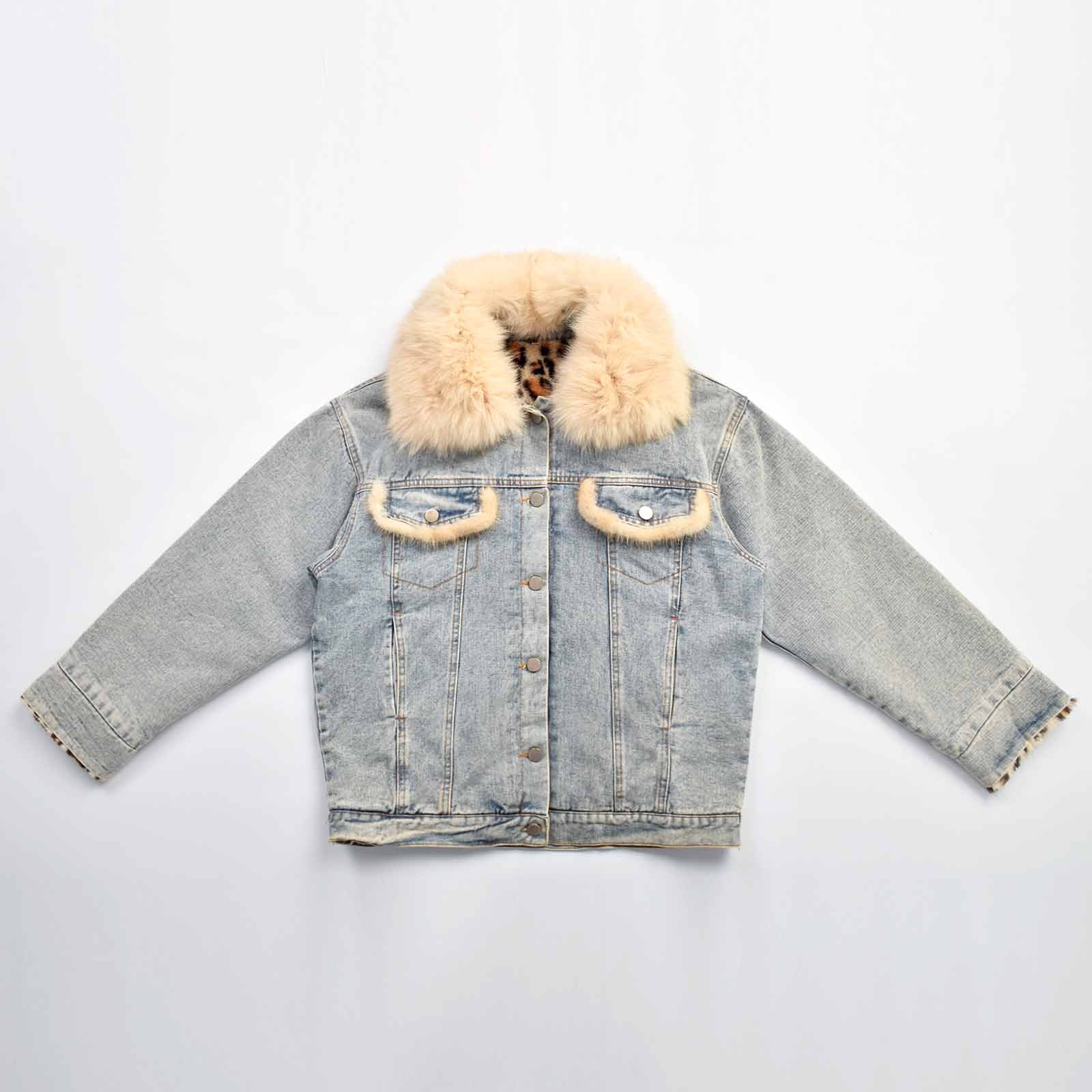 Custom Women's Button-Up Fur Collar Denim Jacket With Leopard Fur Lining