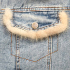 Custom Women's Button-Up Fur Collar Denim Jacket With Leopard Fur Lining