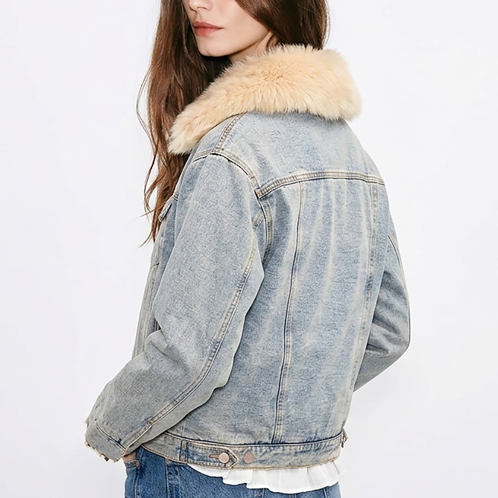 Custom Women's Button-Up Fur Collar Denim Jacket With Leopard Fur Lining