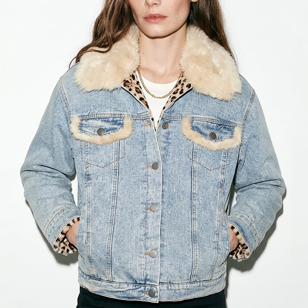 Custom Women's Button-Up Fur Collar Denim Jacket With Leopard Fur Lining
