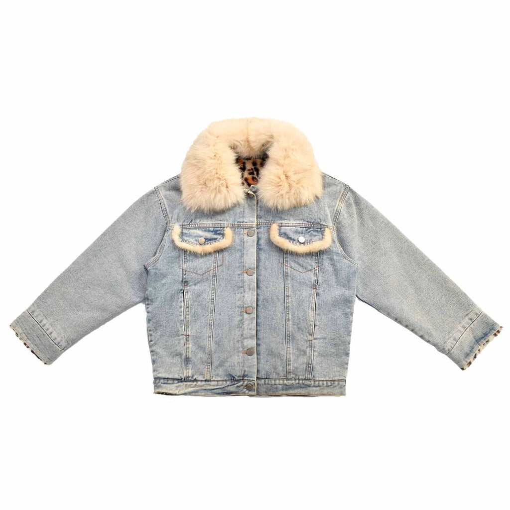 Custom Women's Button-Up Fur Collar Denim Jacket With Leopard Fur Lining