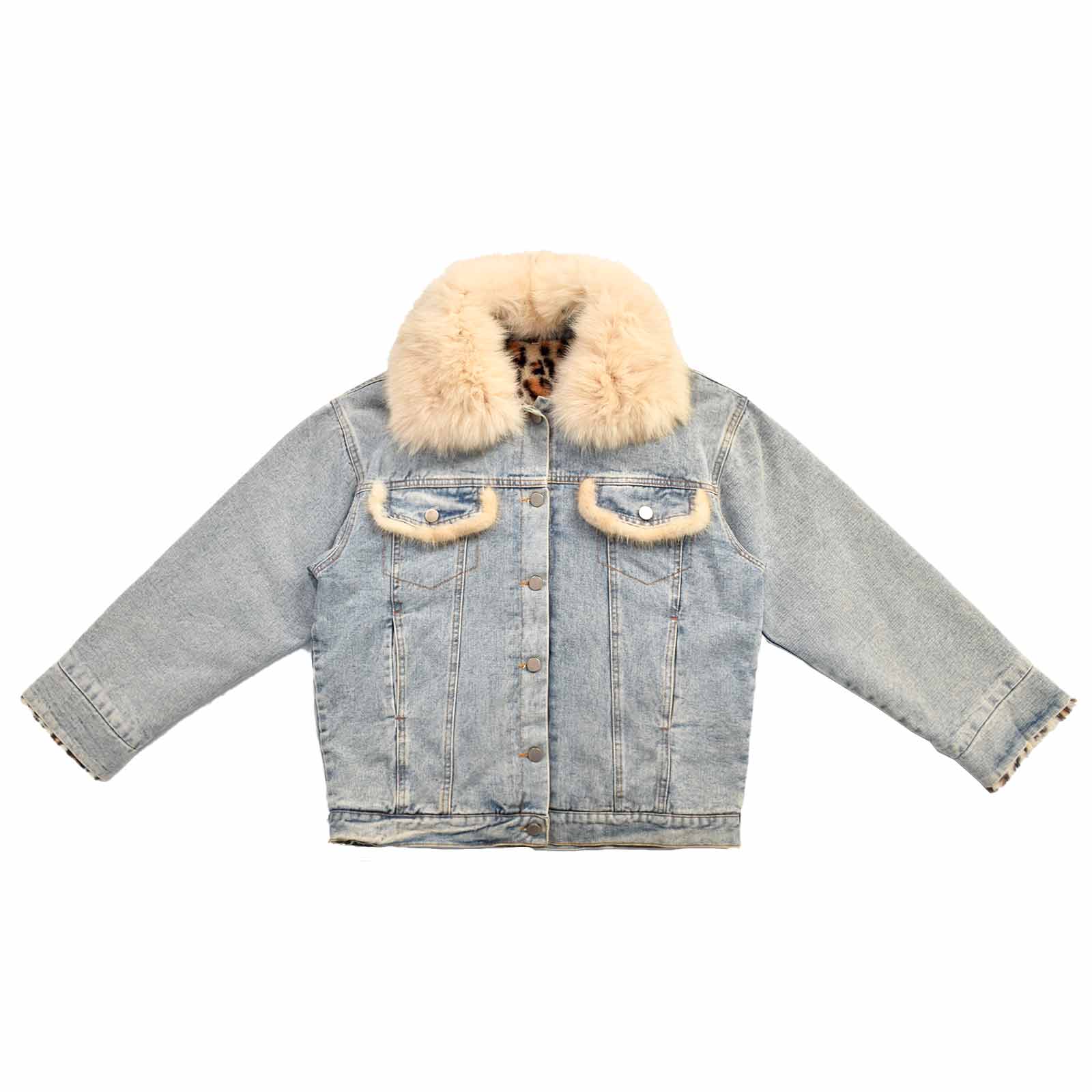 Custom Women's Button-Up Fur Collar Denim Jacket With Leopard Fur Lining