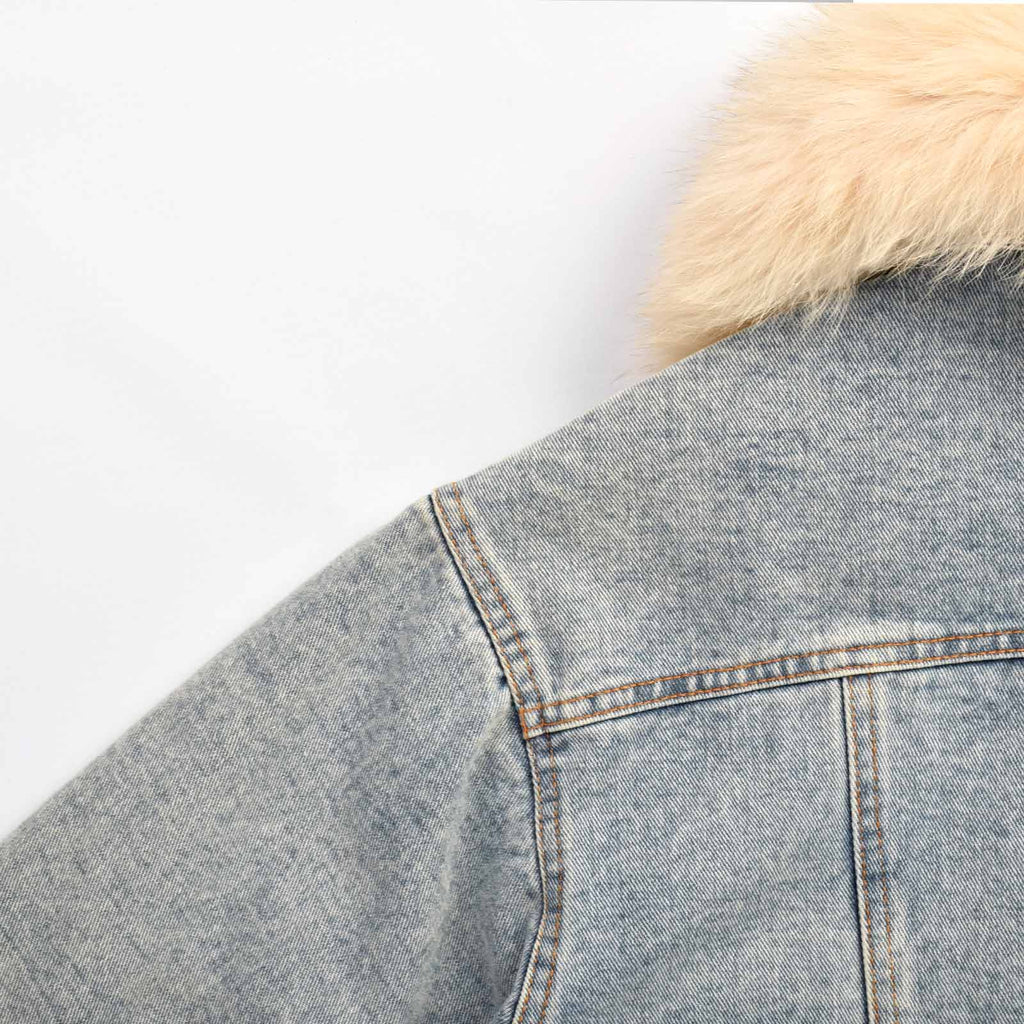 Custom Women's Button-Up Fur Collar Denim Jacket With Leopard Fur Lining