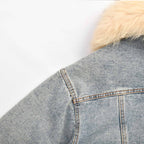 Custom Women's Button-Up Fur Collar Denim Jacket With Leopard Fur Lining