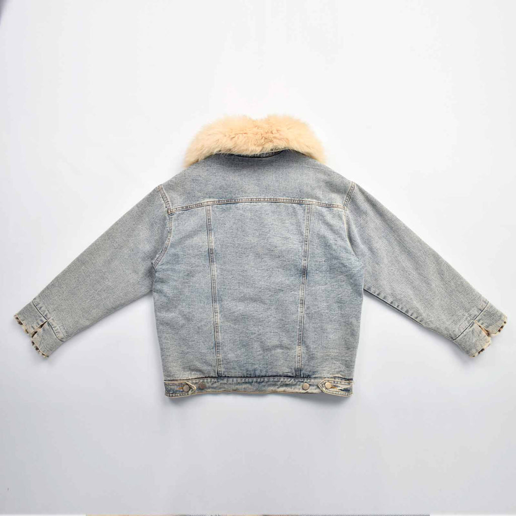 Custom Women's Button-Up Fur Collar Denim Jacket With Leopard Fur Lining