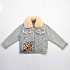 Custom Women's Button-Up Fur Collar Denim Jacket With Leopard Fur Lining
