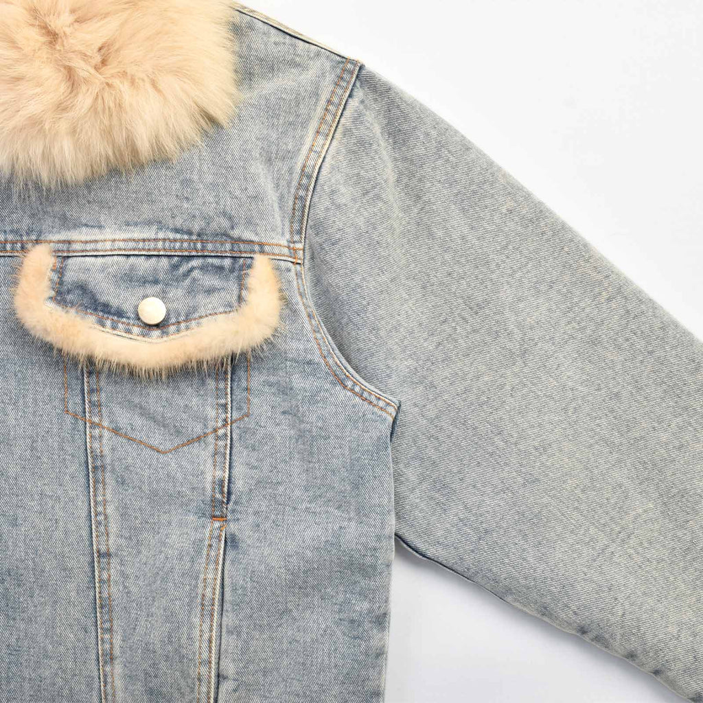 Custom Women's Button-Up Fur Collar Denim Jacket With Leopard Fur Lining