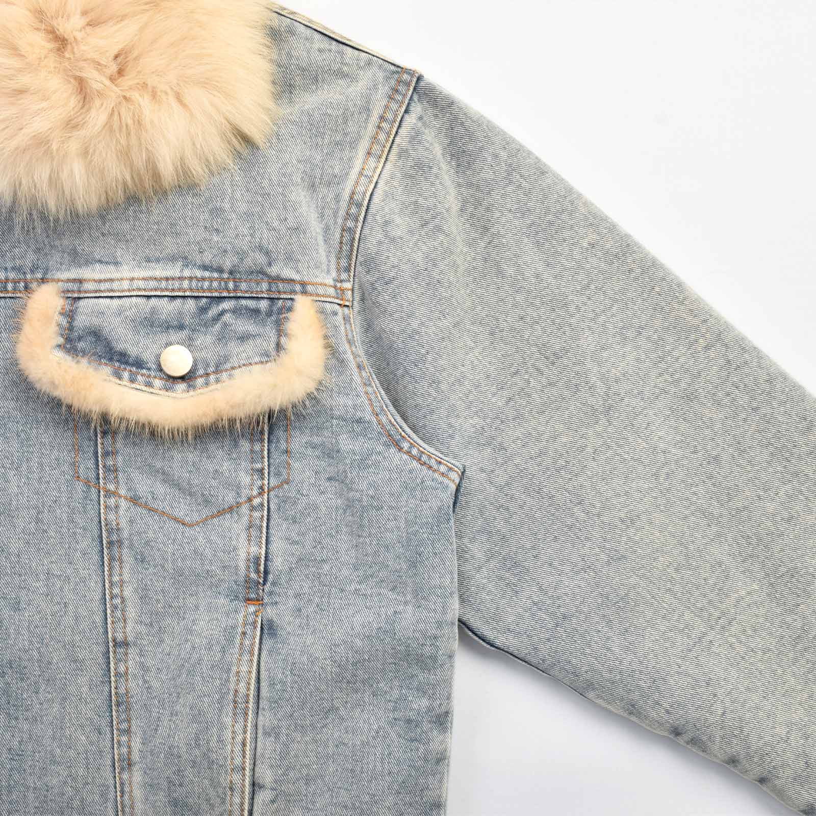 Custom Women's Button-Up Fur Collar Denim Jacket With Leopard Fur Lining