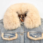 Custom Women's Button-Up Fur Collar Denim Jacket With Leopard Fur Lining