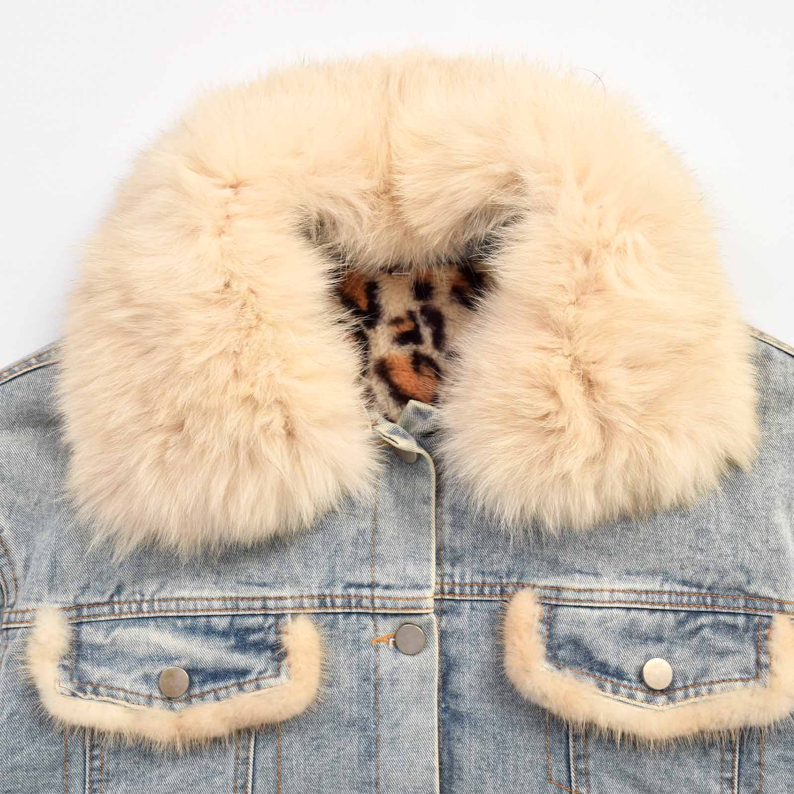 Custom Women's Button-Up Fur Collar Denim Jacket With Leopard Fur Lining