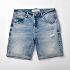 Custom Men's Washed Indigo Blue Jeans Shorts With Distressed