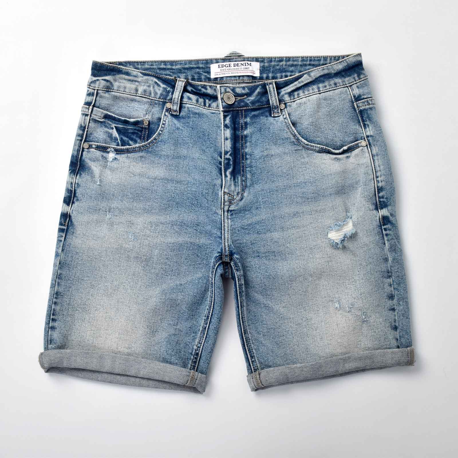 Custom Men's Washed Indigo Blue Jeans Shorts With Distressed