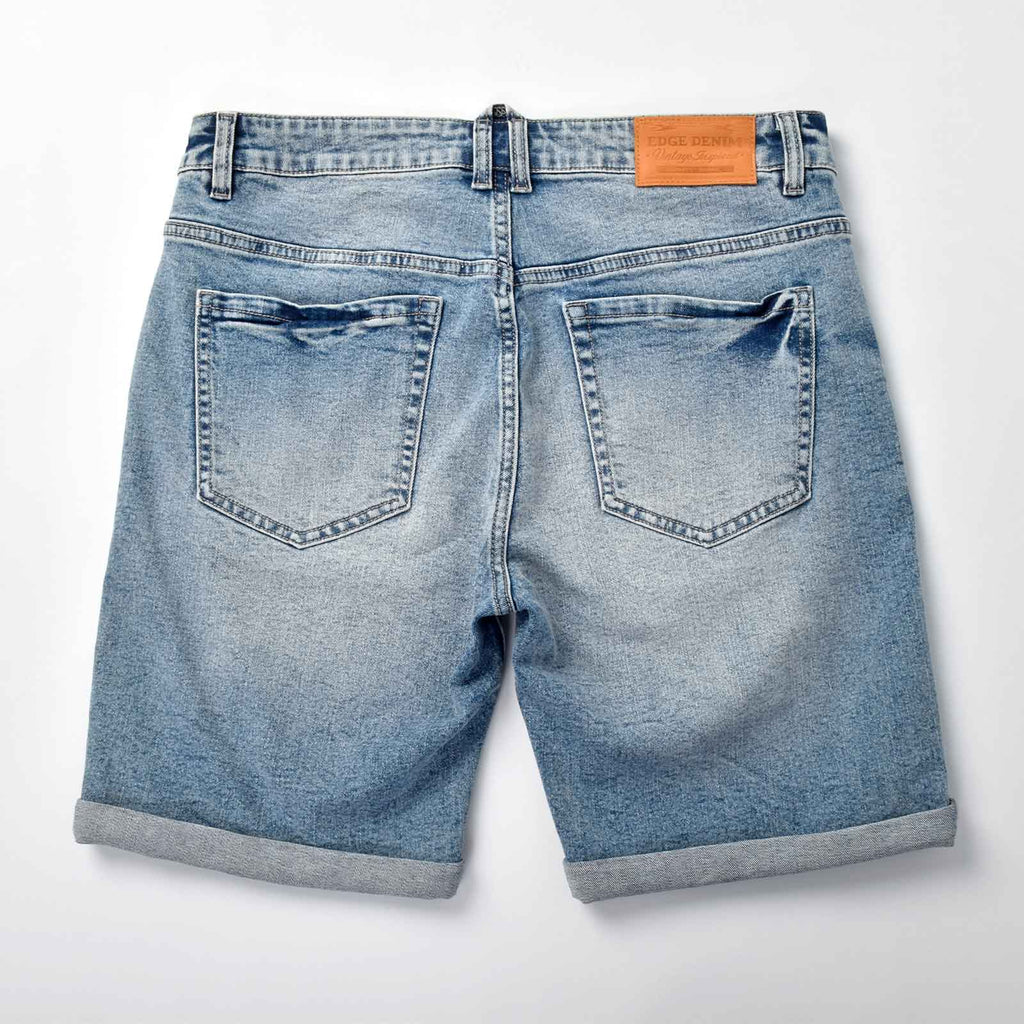 Custom Men's Washed Indigo Blue Jeans Shorts With Distressed