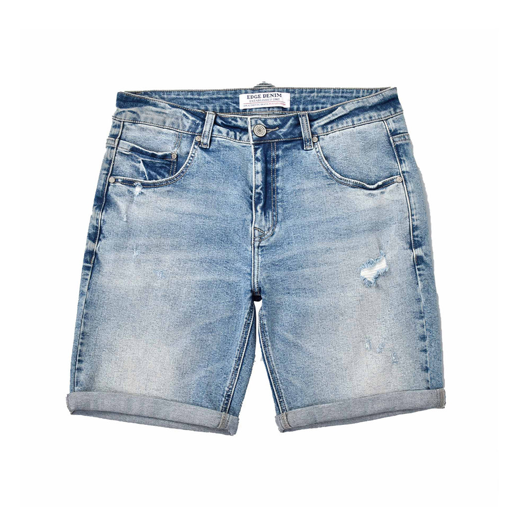 Custom Men's Washed Indigo Blue Jeans Shorts With Distressed