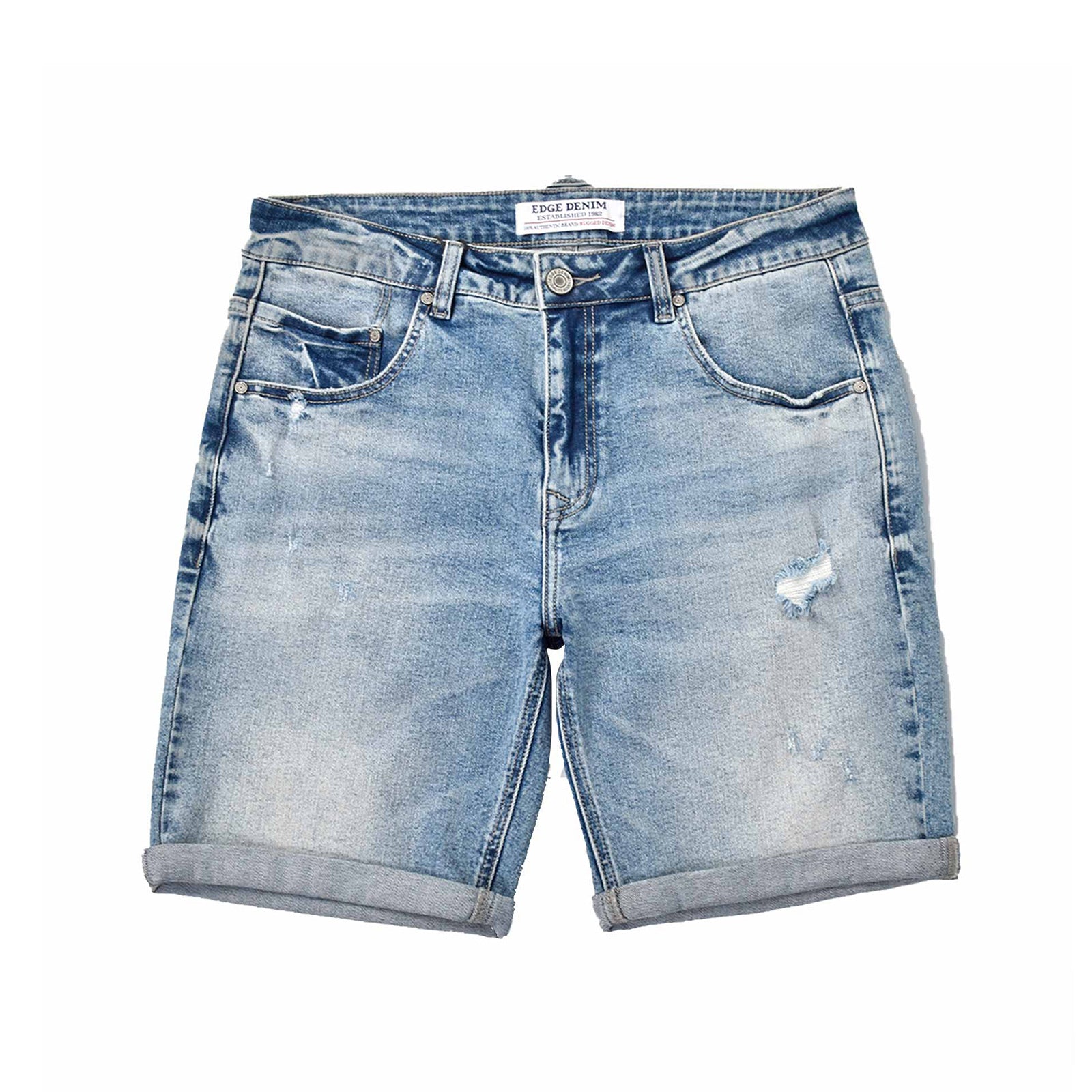 Custom Men's Washed Indigo Blue Jeans Shorts With Distressed