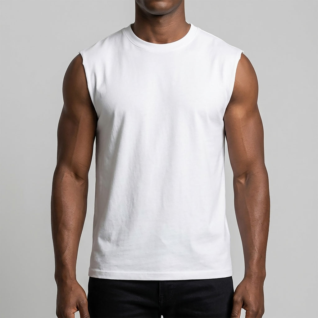 Custom Unisex Plain Raw Hem White Sleeveless T-Shirts