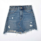 Custom Women's Casual A Line Mini Denim Skirt With Distressed