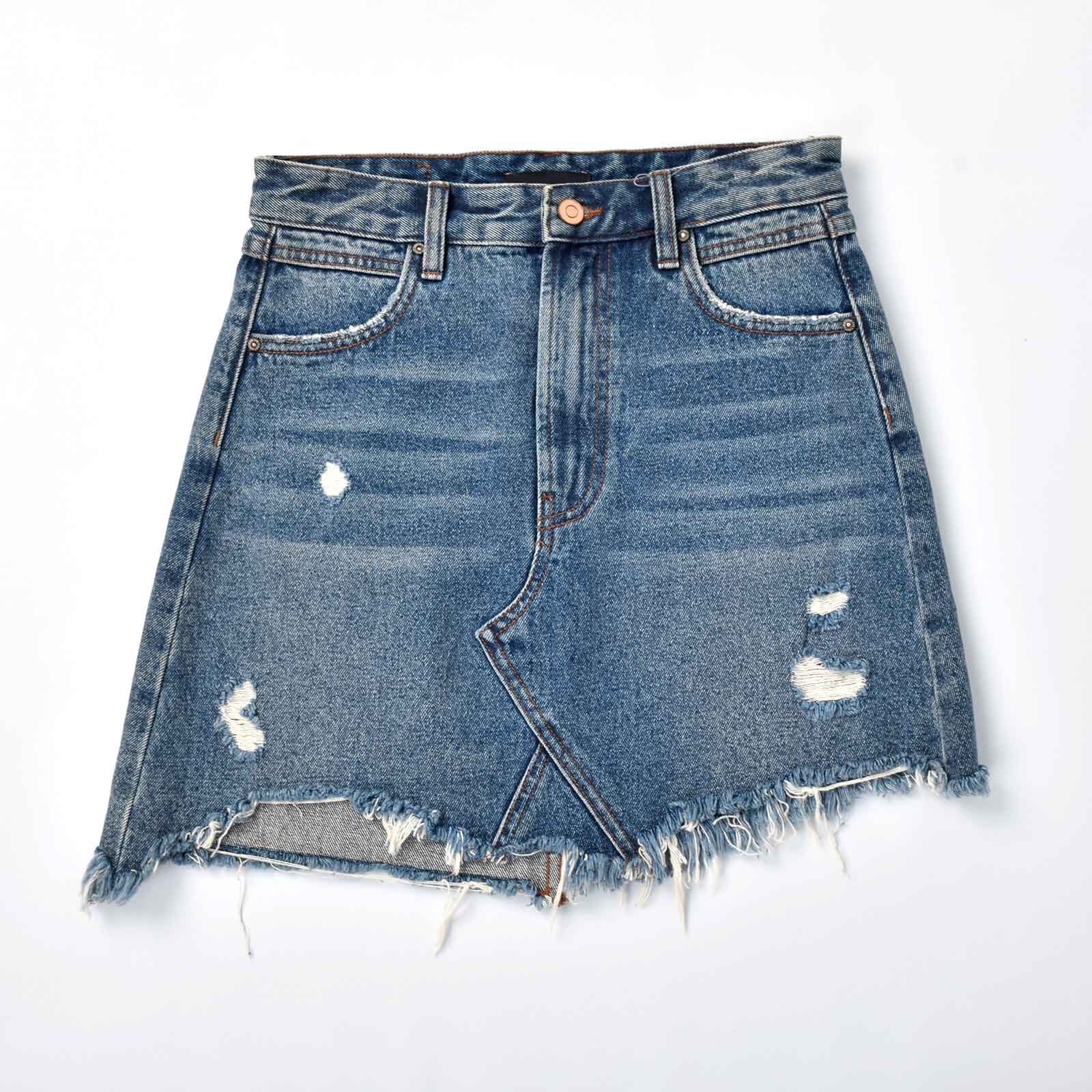 Custom Women's Casual A Line Mini Denim Skirt With Distressed