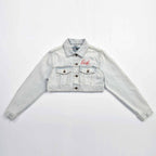 Custom Women's Button-Up Washed Crop Denim Jacket With Chenille Patch