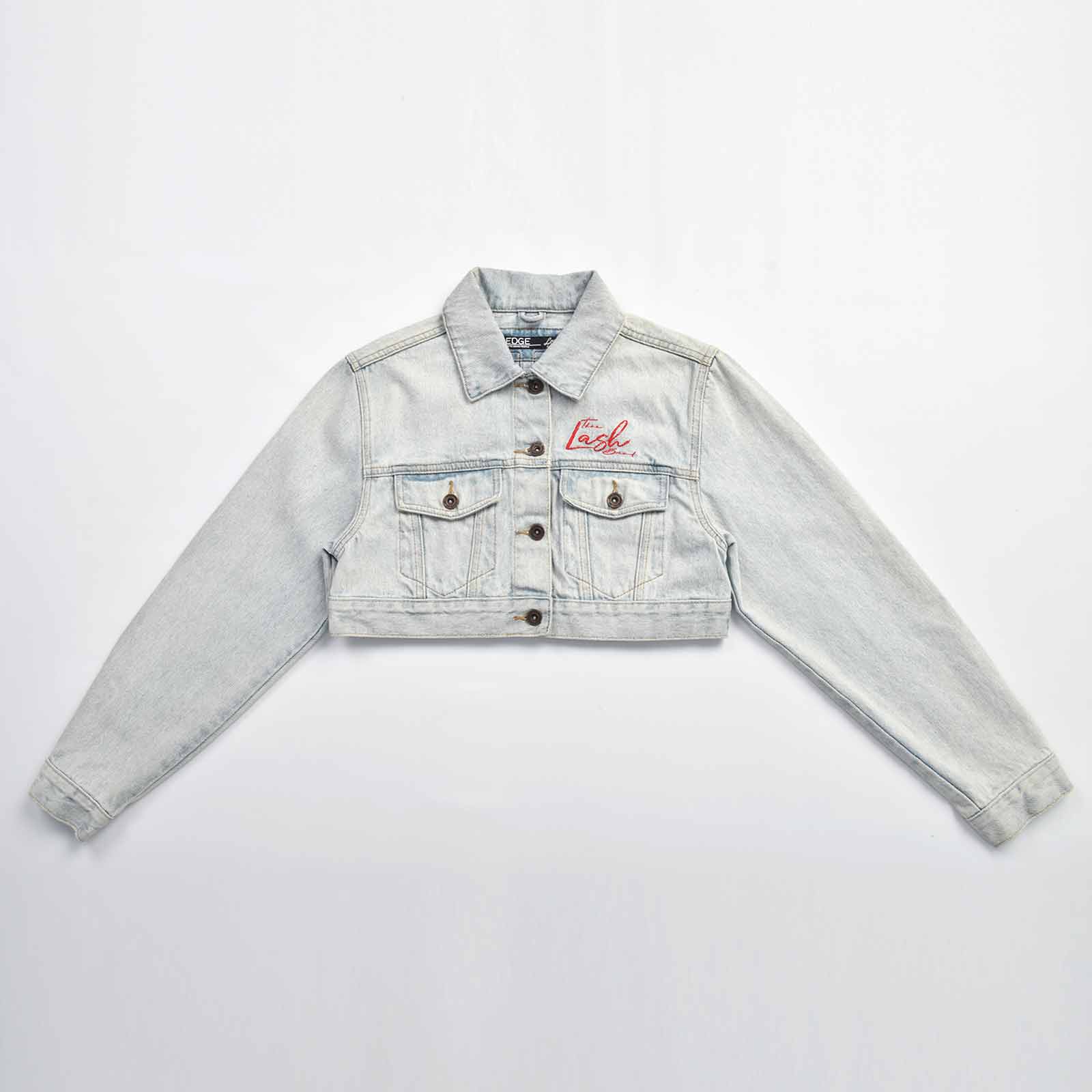 Custom Women's Button-Up Washed Crop Denim Jacket With Chenille Patch