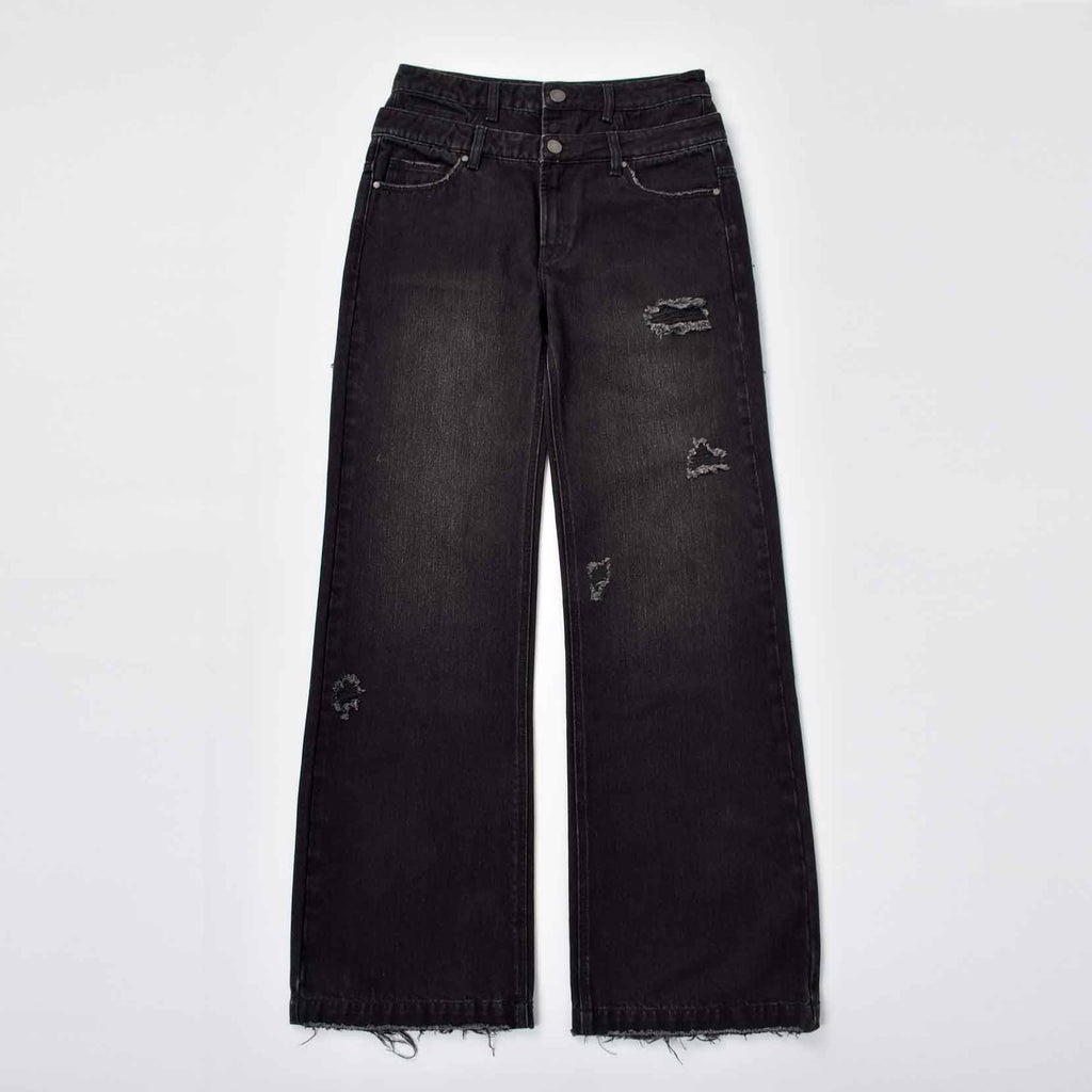 Custom Men's Black Double Layer Double Pocket Baggy Jeans