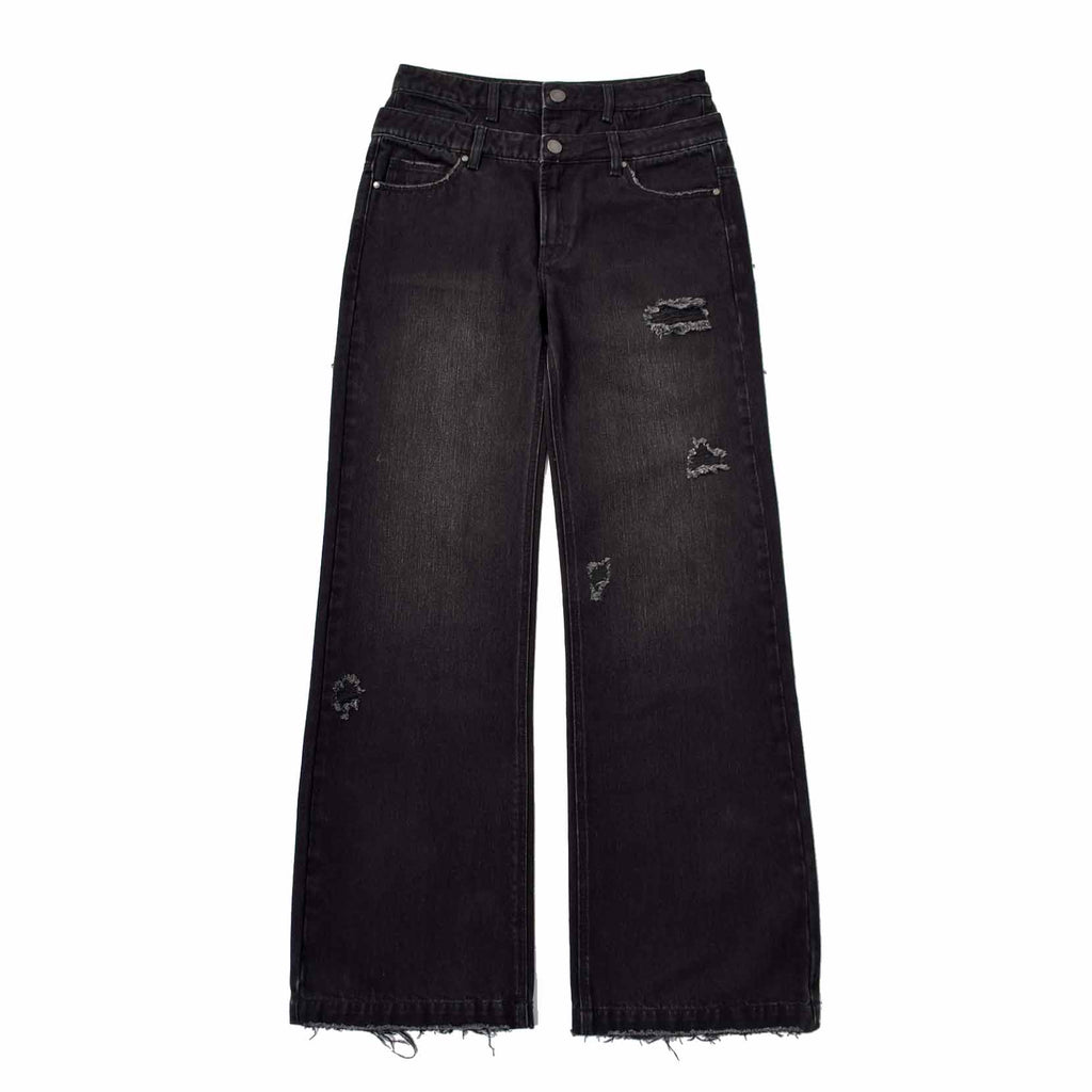 Custom Men's Black Double Layer Double Pocket Baggy Jeans