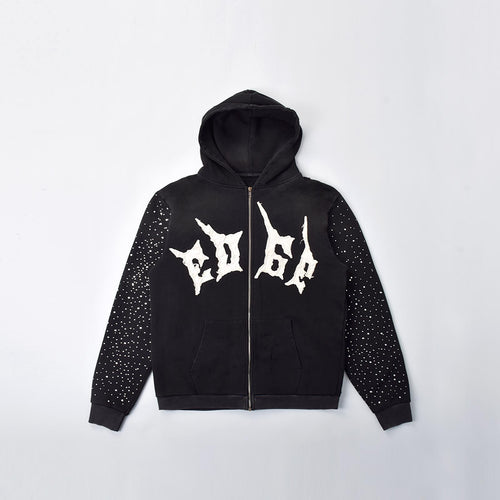 Custom Men's Black Distressed Embroidery Rhinestone Hoodie