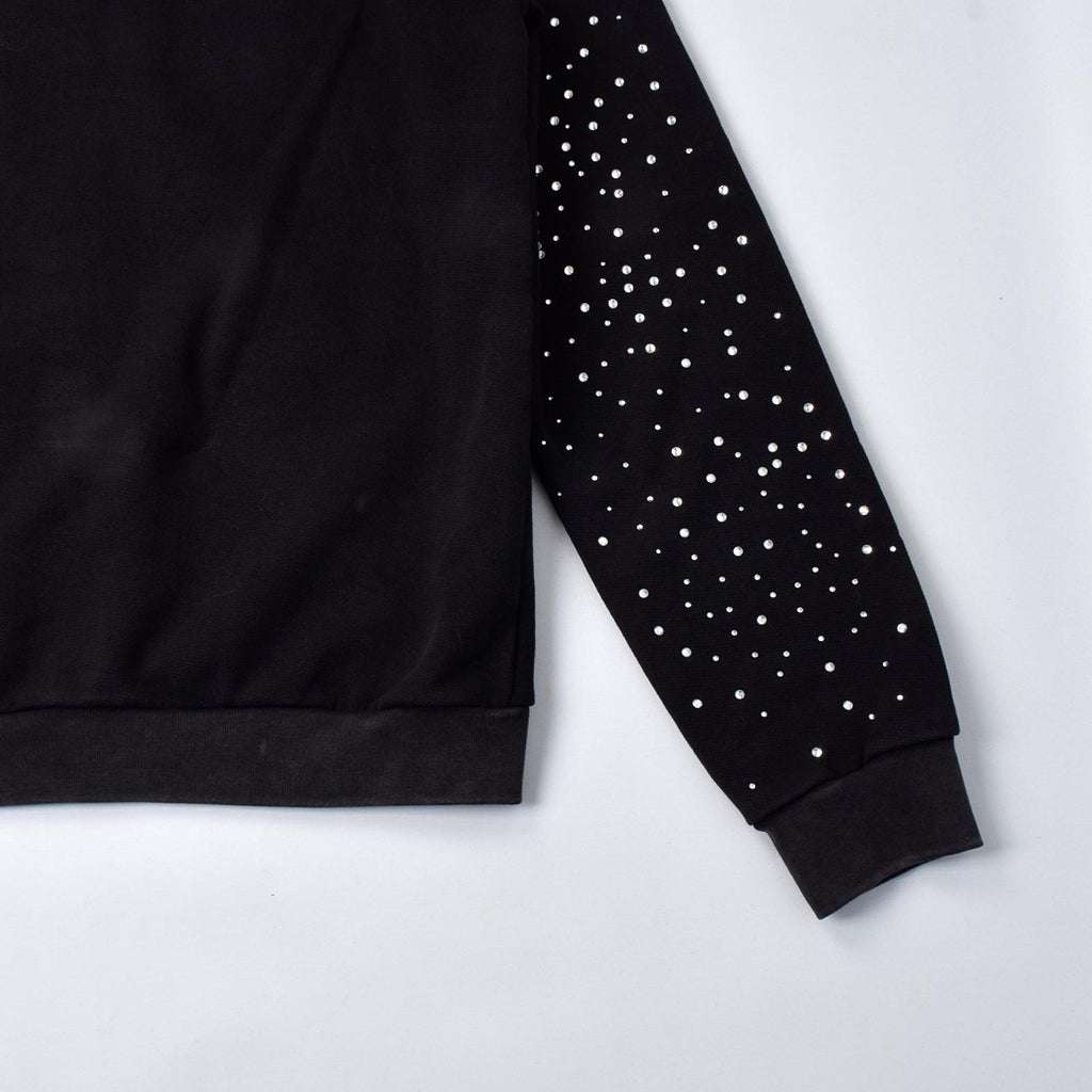Custom Men's Black Distressed Embroidery Rhinestone Hoodie