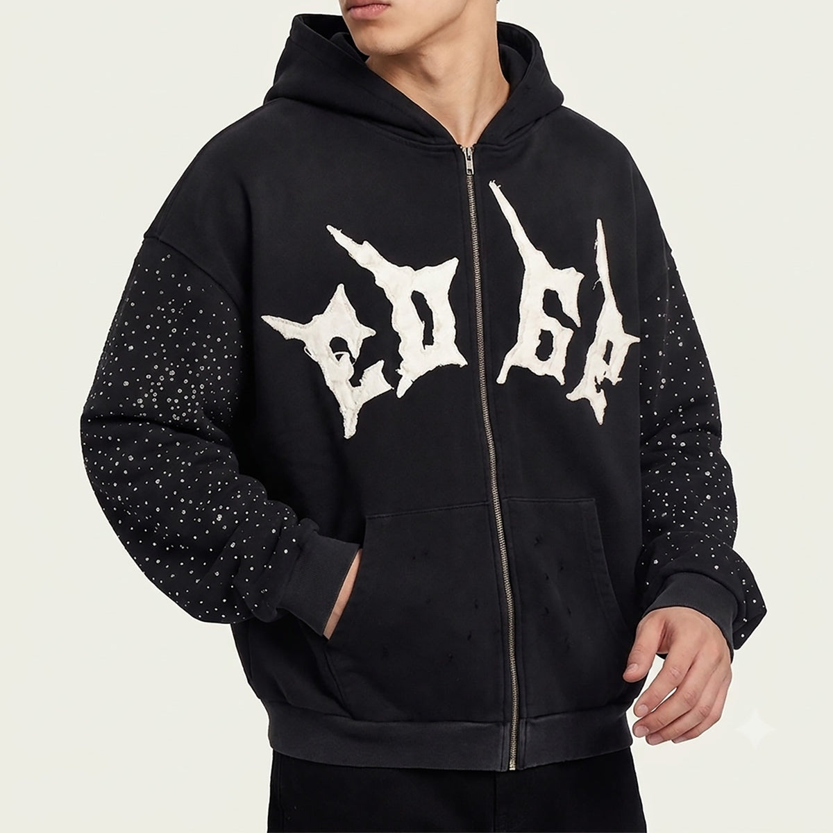 Custom Men's Black Distressed Embroidery Rhinestone Hoodie