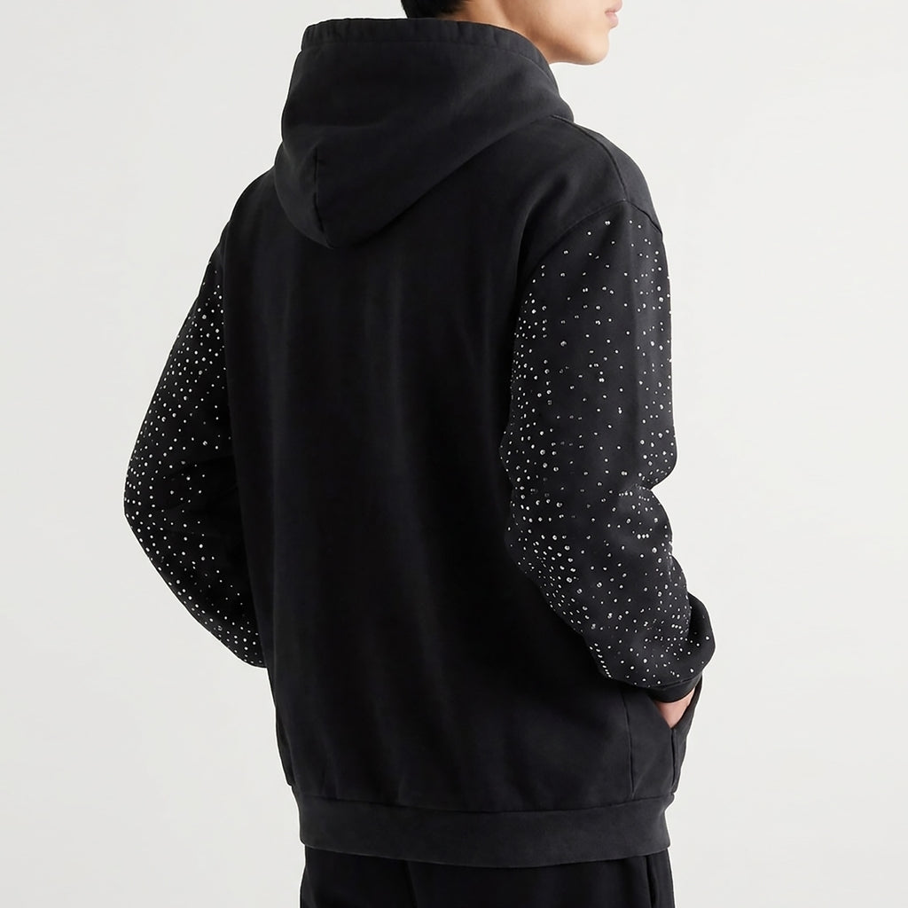 Custom Men's Black Distressed Embroidery Rhinestone Hoodie