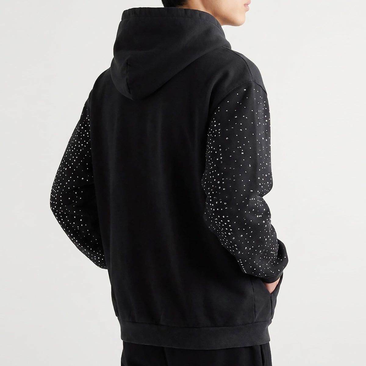 Custom Men's Black Distressed Embroidery Rhinestone Hoodie