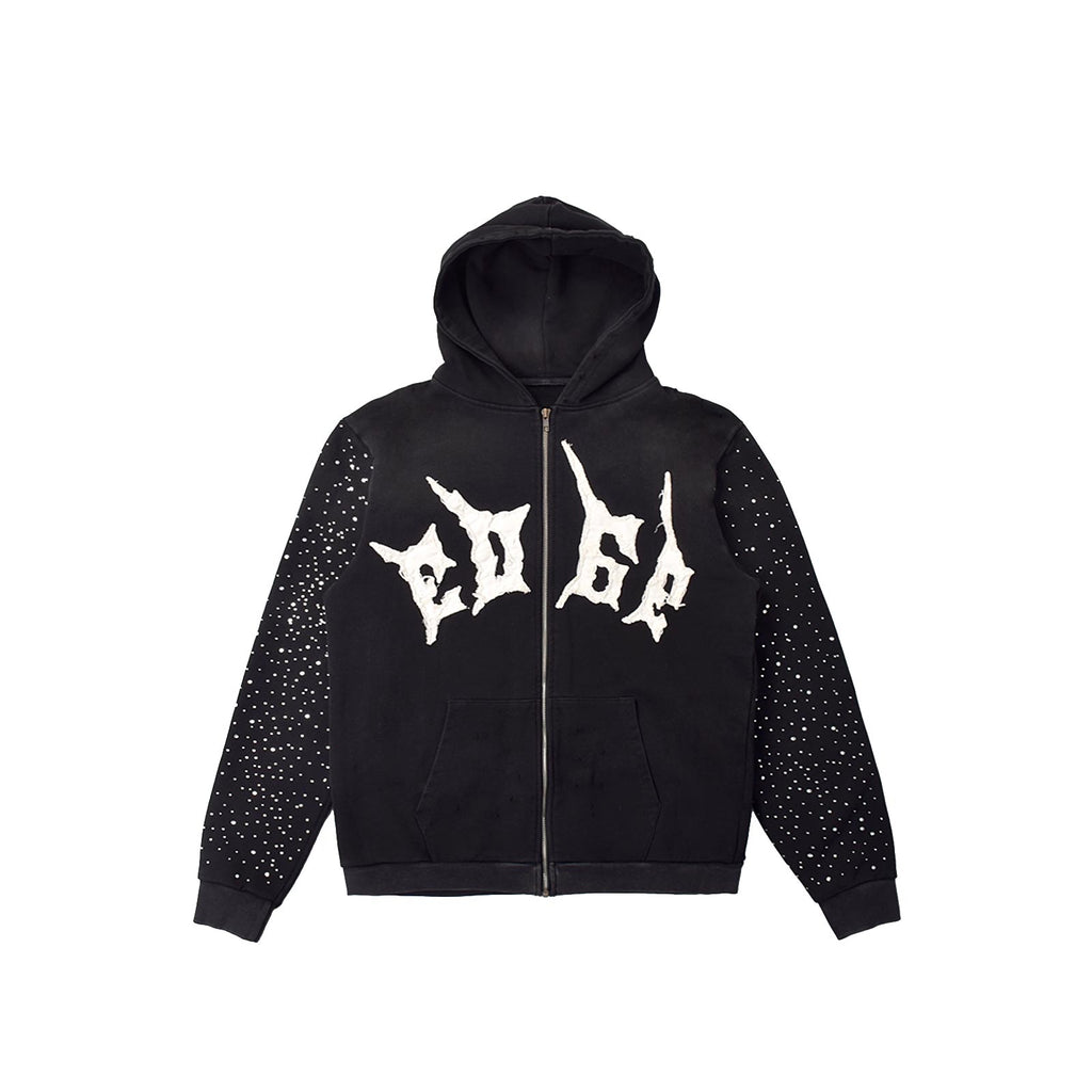 Custom Men's Black Distressed Embroidery Rhinestone Hoodie