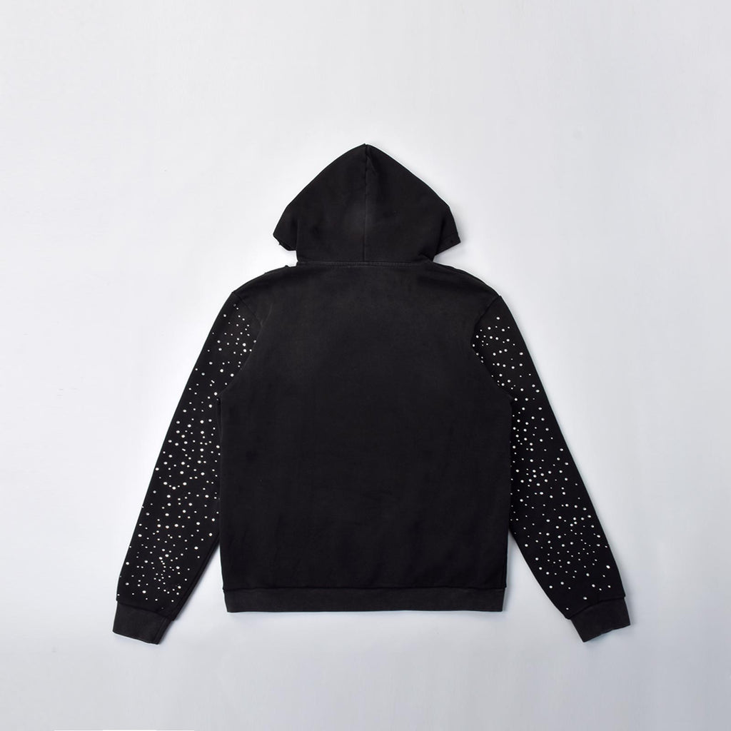 Custom Men's Black Distressed Embroidery Rhinestone Hoodie