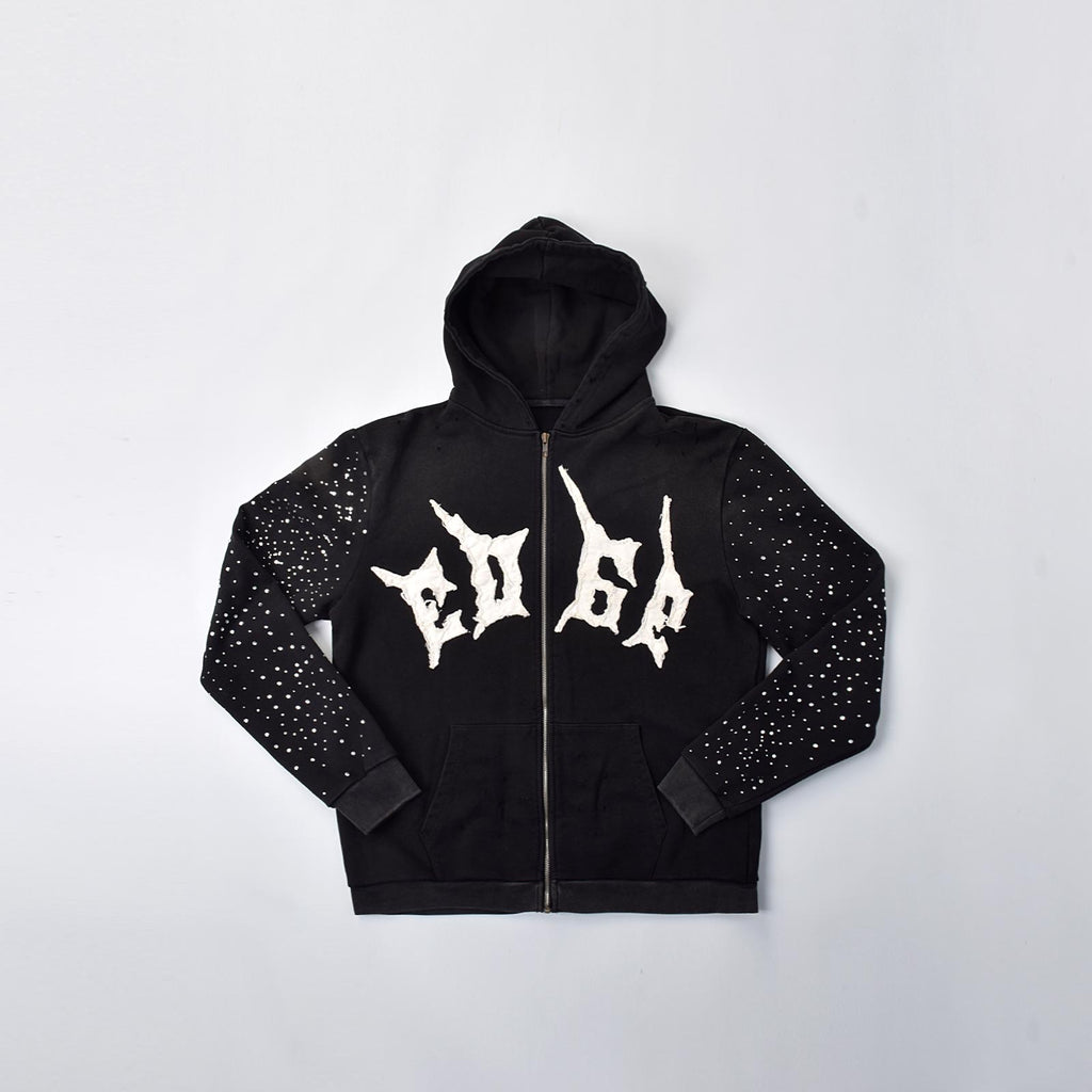 Custom Men's Black Distressed Embroidery Rhinestone Hoodie