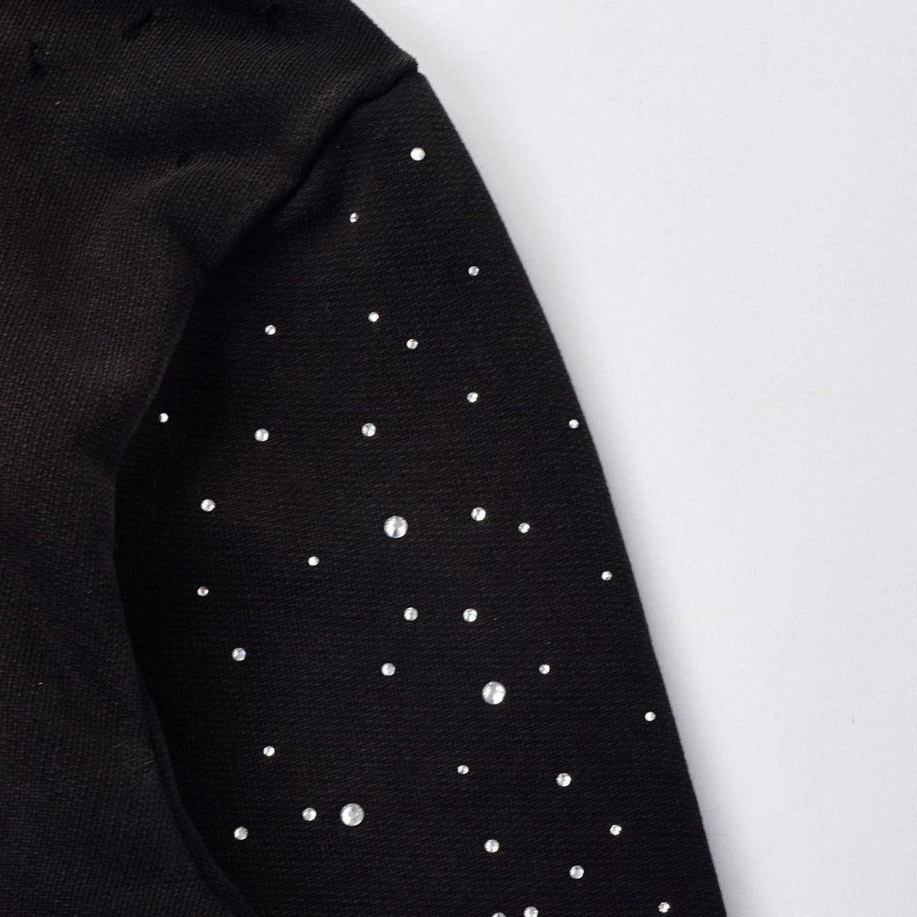 Custom Men's Black Distressed Embroidery Rhinestone Hoodie