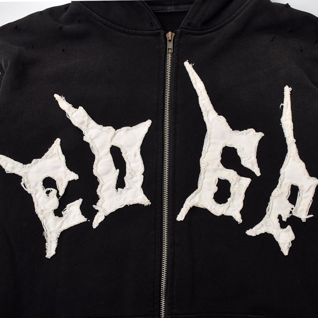 Custom Men's Black Distressed Embroidery Rhinestone Hoodie