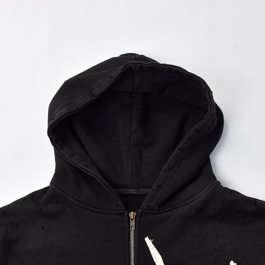 Custom Men's Black Distressed Embroidery Rhinestone Hoodie