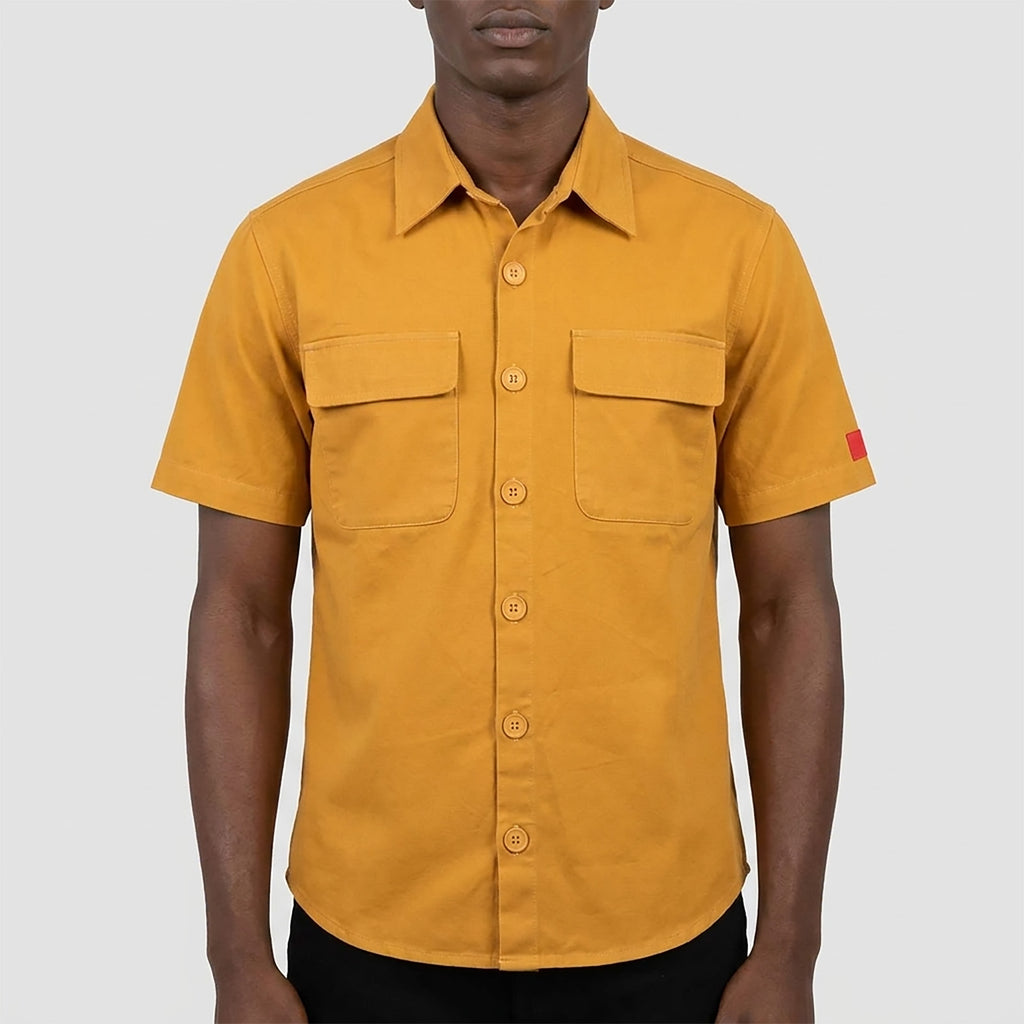 Custom Men's Khaki Woven Button Up Shirts With Two Pocket