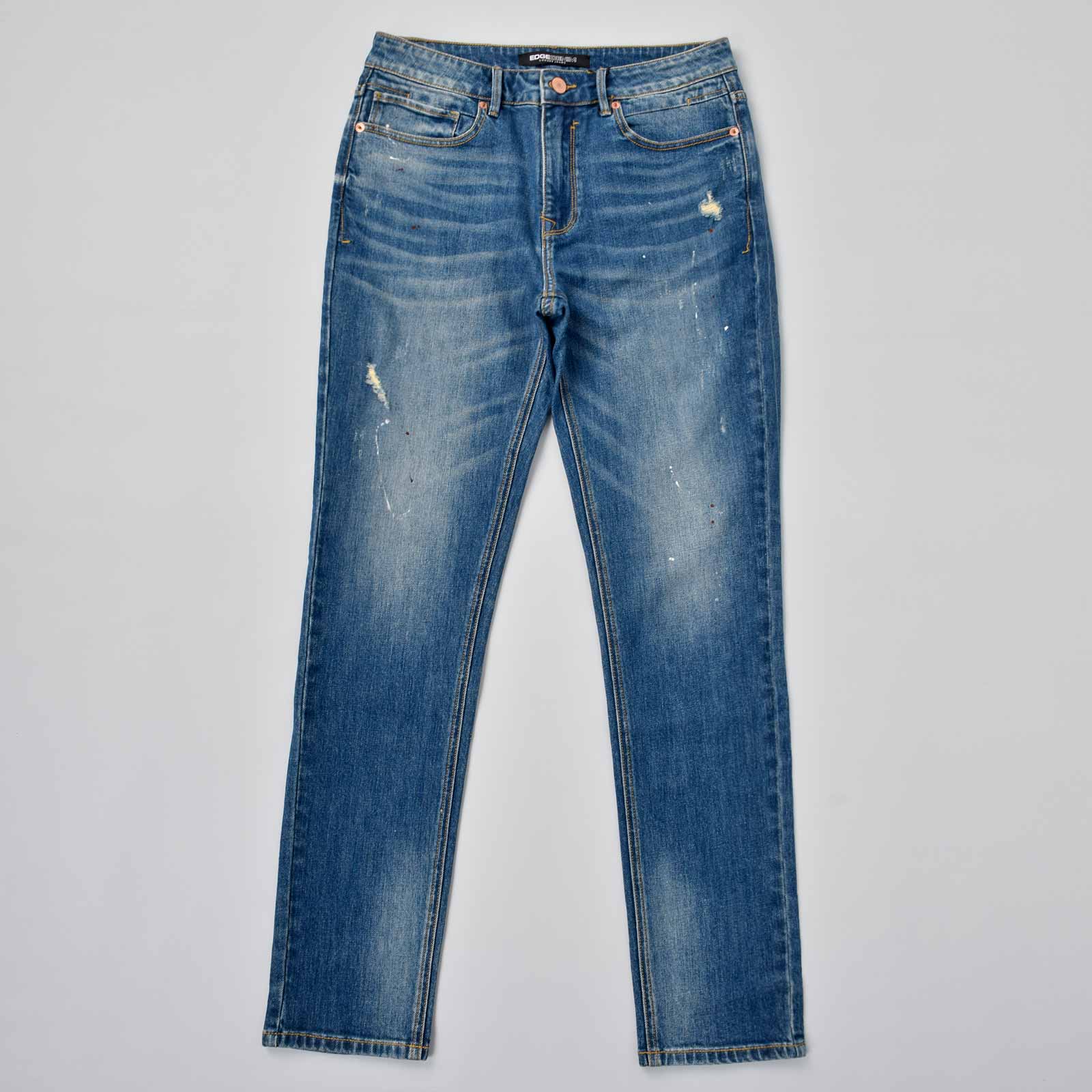 Custom Men's Blue Washed Skinny Jeans With Paint Splatters