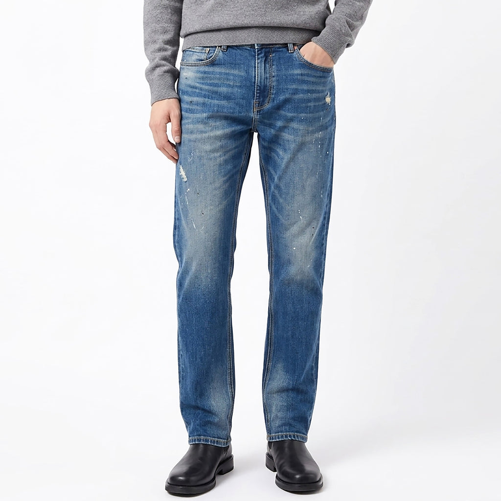 Custom Men's Blue Washed Skinny Jeans With Paint Splatters
